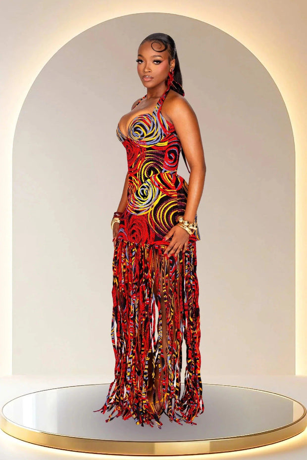 Statement Neckholder-Fransen-Maxikleid
