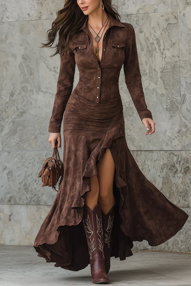 Retro braunes unregelmäßiges Kleid mit Rüschen und Reverskragen im modernen Stil