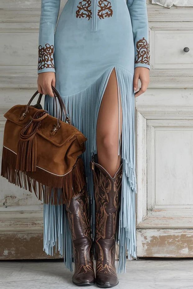 Western Langes Kleid mit halbem Reißverschluss, besticktem Kunstwildleder und Fransen