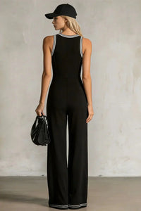 Ärmelloser Overall mit V-Ausschnitt, Knopfleiste und Color-Blocking