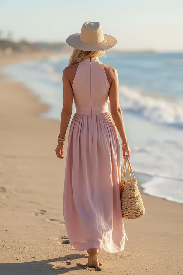 Neckholder-Neck-Kleid aus Baumwoll-Leinen im Resort-Stil