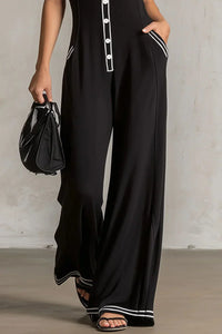 Ärmelloser Overall mit V-Ausschnitt, Knopfleiste und Color-Blocking