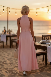 Neckholder-Neck-Kleid aus Baumwoll-Leinen im Resort-Stil