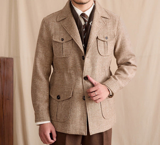 Jacke aus Wollmischung mit Fischgrätmuster und sportiver Optik