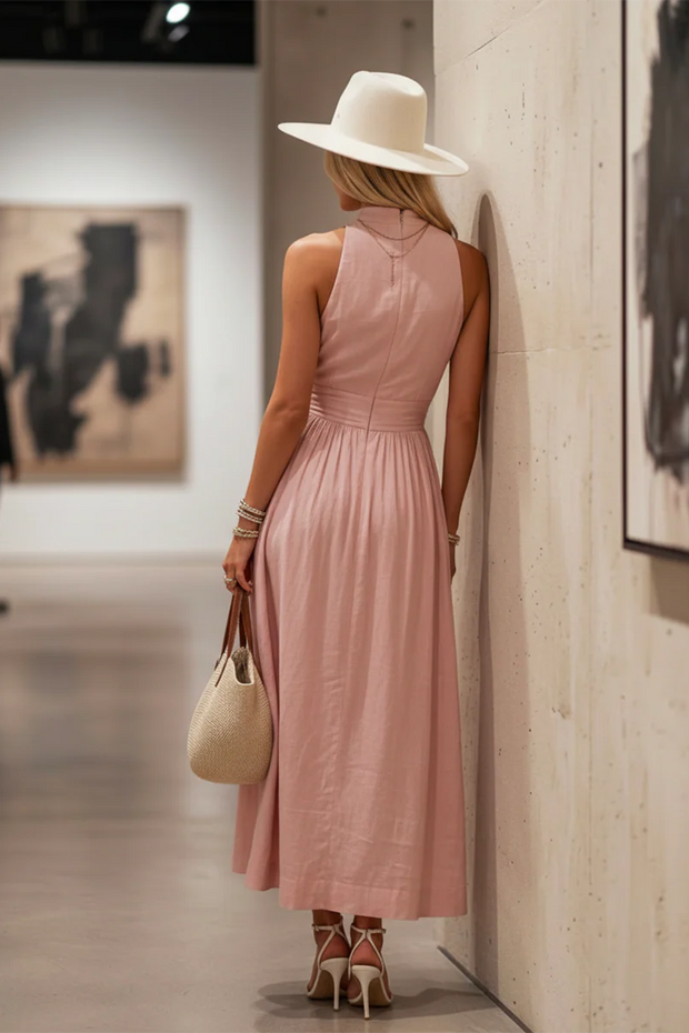 Neckholder-Neck-Kleid aus Baumwoll-Leinen im Resort-Stil