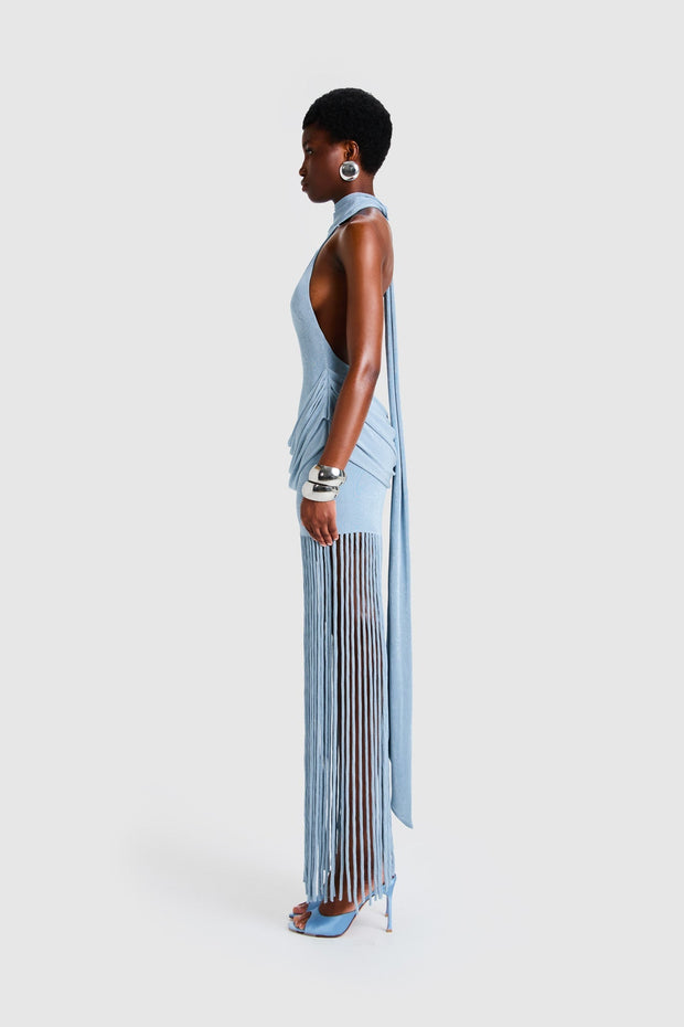 Azurblaues Rand-Halo-Langes Kleid