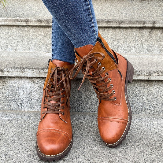 Damen-Schnürstiefel Kunstleder halbhoher, robuster Stil - Thalia
