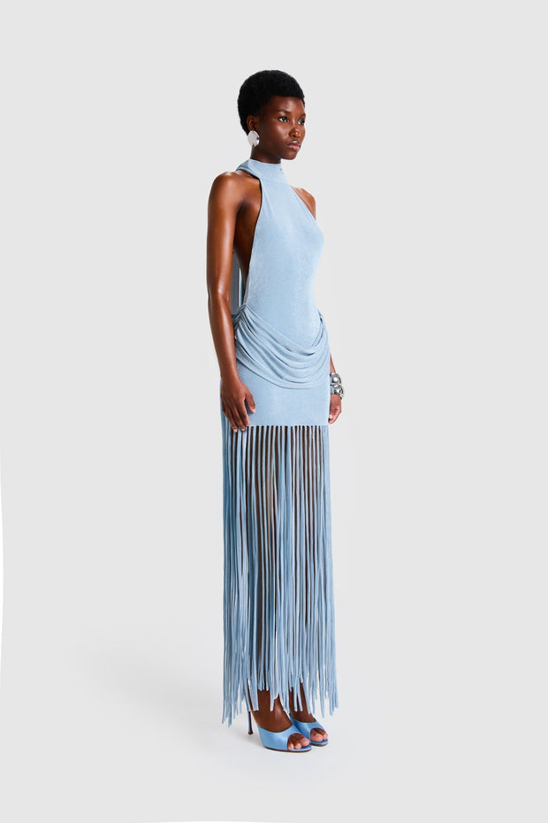 Azurblaues Rand-Halo-Langes Kleid
