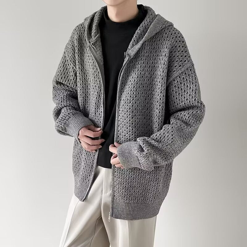 Durchbrochene Herrenstrickjacke mit Kapuze und Reißverschluss - Niro