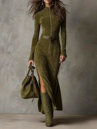 Vintage braunes Langes Kleid mit Reißverschluss und Gürtel