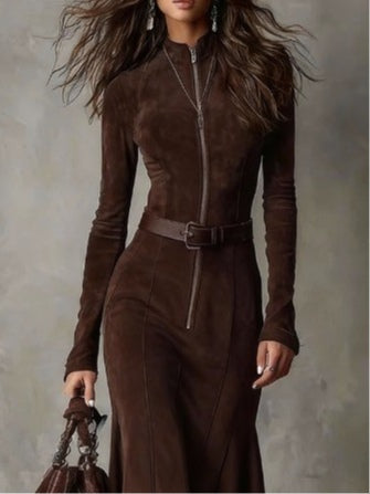 Braunes Vintage-Kleid in Midi-Länge mit Reißverschluss und Gürtel