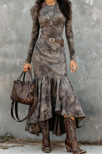 Vintage Polyester Kleid in Midi-Länge mit ausgestelltem Saum (inklusive Gürtel)
