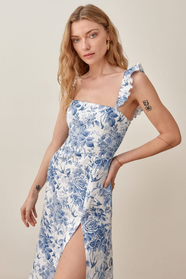 Joa – Bedrucktes Kleid in Midi-Länge mit Rüschenriemen und Schlitz