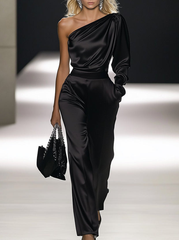 Eleganter Satin-Overall mit langen Ärmeln und schulterfreiem Schnitt