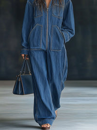 Lässiger weiter Retro-Jeans-Overall mit Kapuze, Reißverschluss, langen Ärmeln und Taschen im modernen Stil