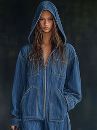 Lässiger weiter Retro-Jeans-Overall mit Kapuze, Reißverschluss, langen Ärmeln und Taschen im modernen Stil