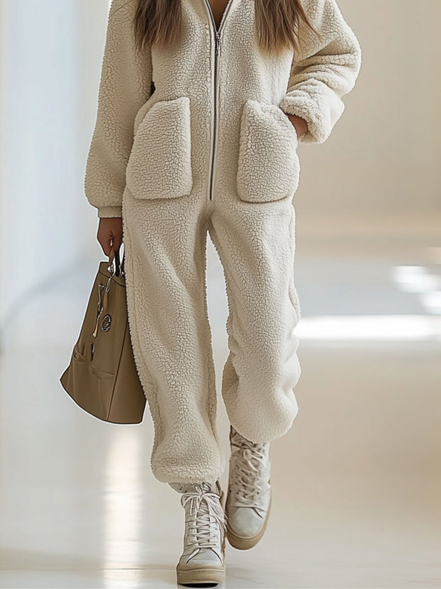 Lässiger weiter Vintage-Overall aus Polar-Fleece mit Tasche, Reißverschluss und Kapuze im modernen Stil