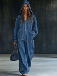 Lässiger weiter Retro-Jeans-Overall mit Kapuze, Reißverschluss, langen Ärmeln und Taschen im modernen Stil