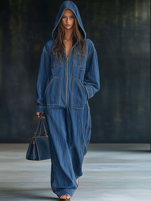 Lässiger weiter Retro-Jeans-Overall mit Kapuze, Reißverschluss, langen Ärmeln und Taschen im modernen Stil