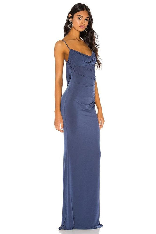 Lila – Rückenfreies Langes Kleid mit Wasserfallausschnitt und Spitze