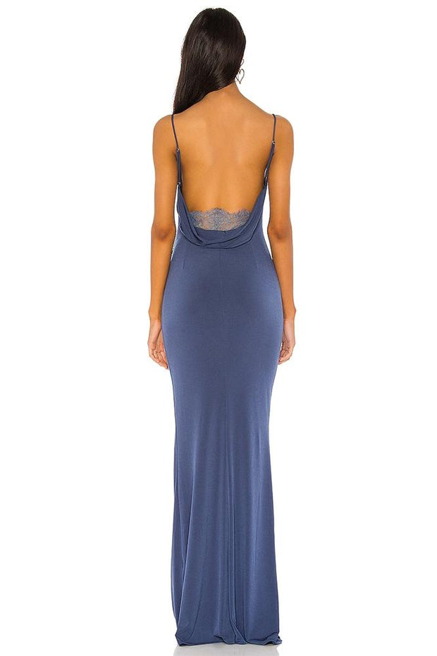 Lila – Rückenfreies Langes Kleid mit Wasserfallausschnitt und Spitze