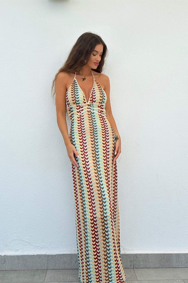 Lydia Neckholder-Langes Kleid aus Häkelstoff