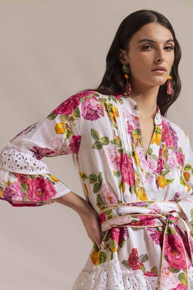 Melissa – Bedrucktes Kurzes Kleid mit Rüschen und Spitzenbesatz