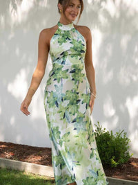 Bedrucktes Neckholder-Kleid in Midi-Länge aus rückenfreiem Satin „Gill“