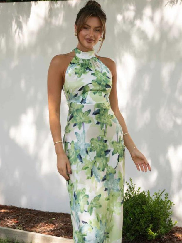 Bedrucktes Neckholder-Kleid in Midi-Länge aus rückenfreiem Satin „Gill“