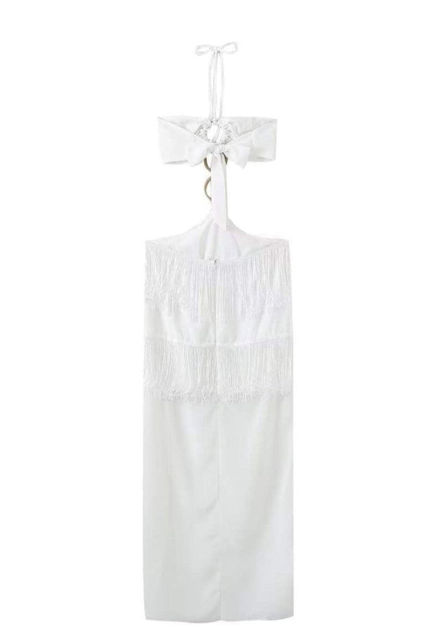 Rebecca Neckholder-Langes Kleid mit Quasten