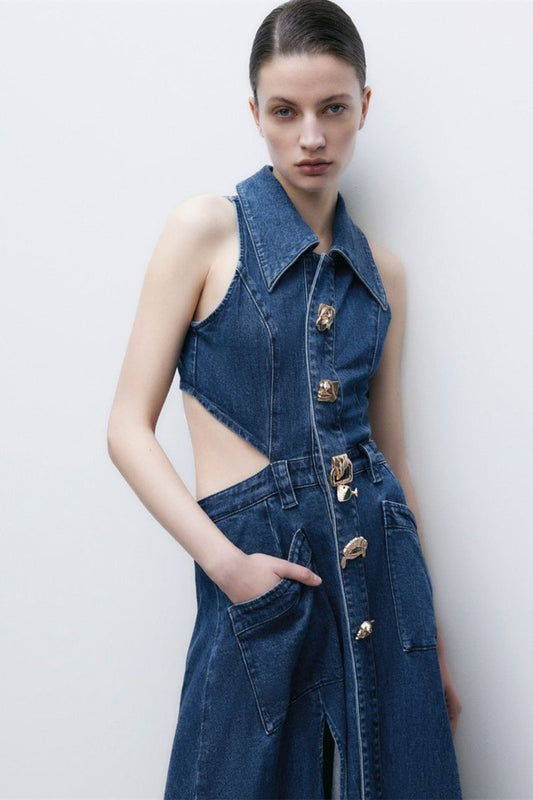 Regina Maxi-Jeanskleid mit Reverskragen und Aussparungen