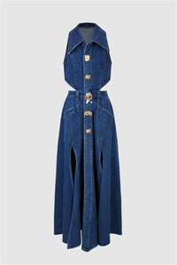 Regina Maxi-Jeanskleid mit Reverskragen und Aussparungen