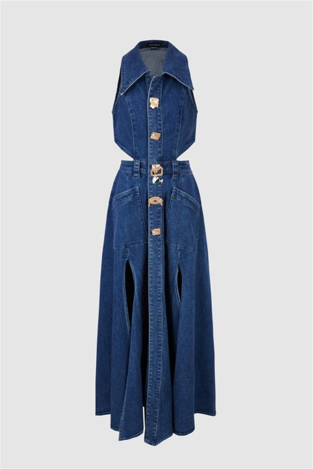 Regina Maxi-Jeanskleid mit Reverskragen und Aussparungen