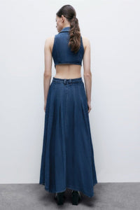 Regina Maxi-Jeanskleid mit Reverskragen und Aussparungen