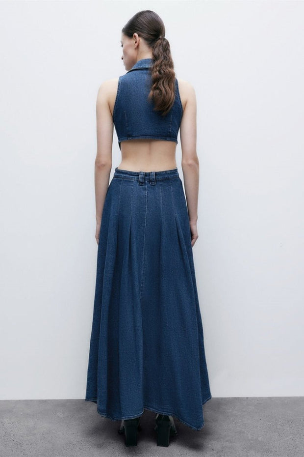 Regina Maxi-Jeanskleid mit Reverskragen und Aussparungen