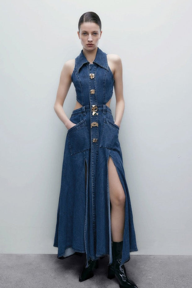Regina Maxi-Jeanskleid mit Reverskragen und Aussparungen