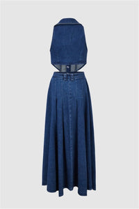 Regina Maxi-Jeanskleid mit Reverskragen und Aussparungen