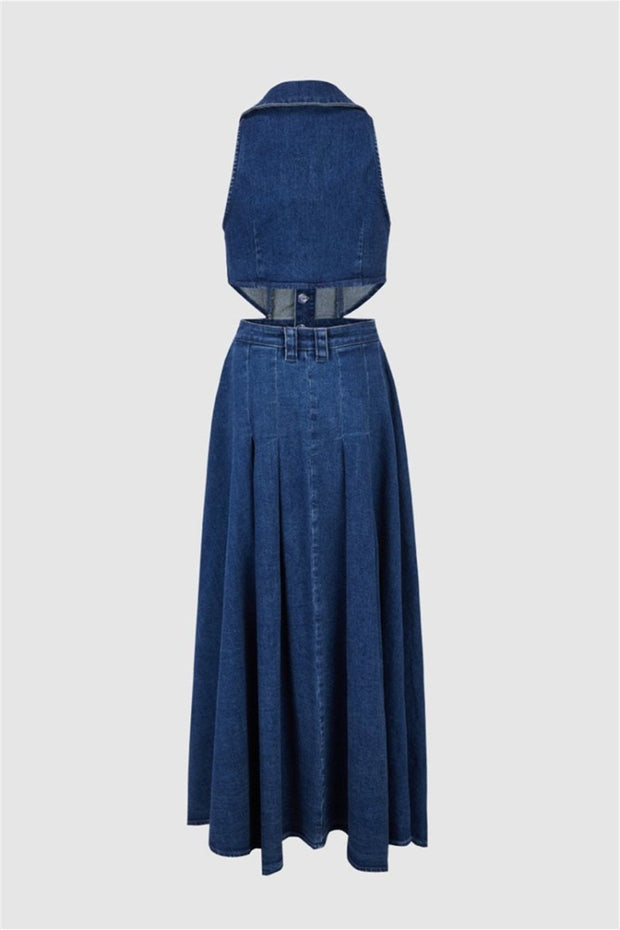 Regina Maxi-Jeanskleid mit Reverskragen und Aussparungen