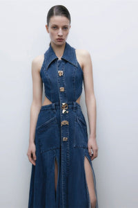Regina Maxi-Jeanskleid mit Reverskragen und Aussparungen