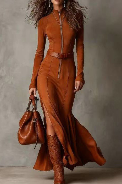 Elegantes dunkelbraunes Wildleder-Kleid in Midi-Länge mit unregelmäßigem Saum und Kordelzug