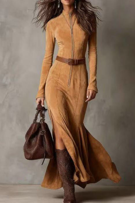 Elegantes dunkelbraunes Wildleder-Kleid in Midi-Länge mit unregelmäßigem Saum und Kordelzug