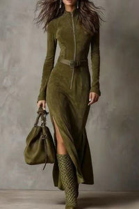 Elegantes dunkelbraunes Wildleder-Kleid in Midi-Länge mit unregelmäßigem Saum und Kordelzug
