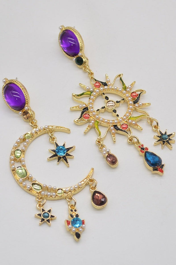 Asymmetrische lange Ohrhänger mit Sonne und Mond im modernen Stil
