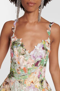 Violettes Kleid in Midi-Länge aus Spitze mit Blumenstickerei