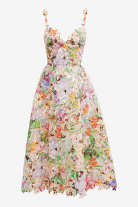 Violettes Kleid in Midi-Länge aus Spitze mit Blumenstickerei