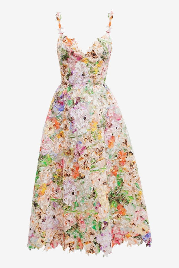 Violettes Kleid in Midi-Länge aus Spitze mit Blumenstickerei